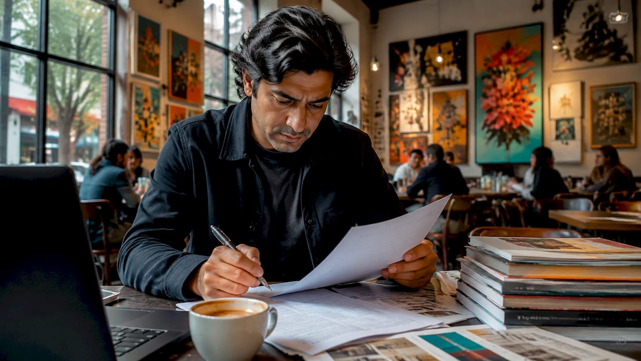 Gallery manager reviewing sales documents at desk