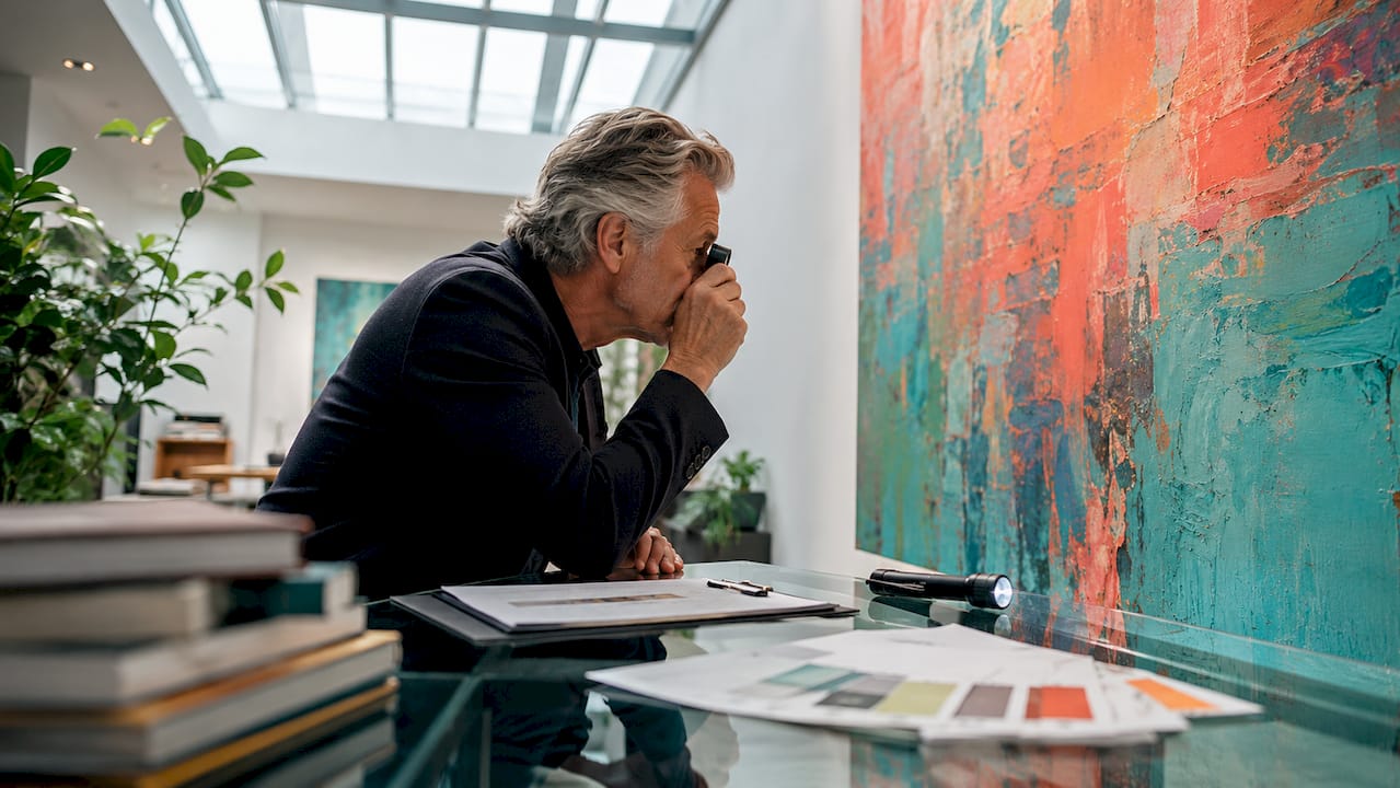 Art appraiser reviewing artwork condition at desk