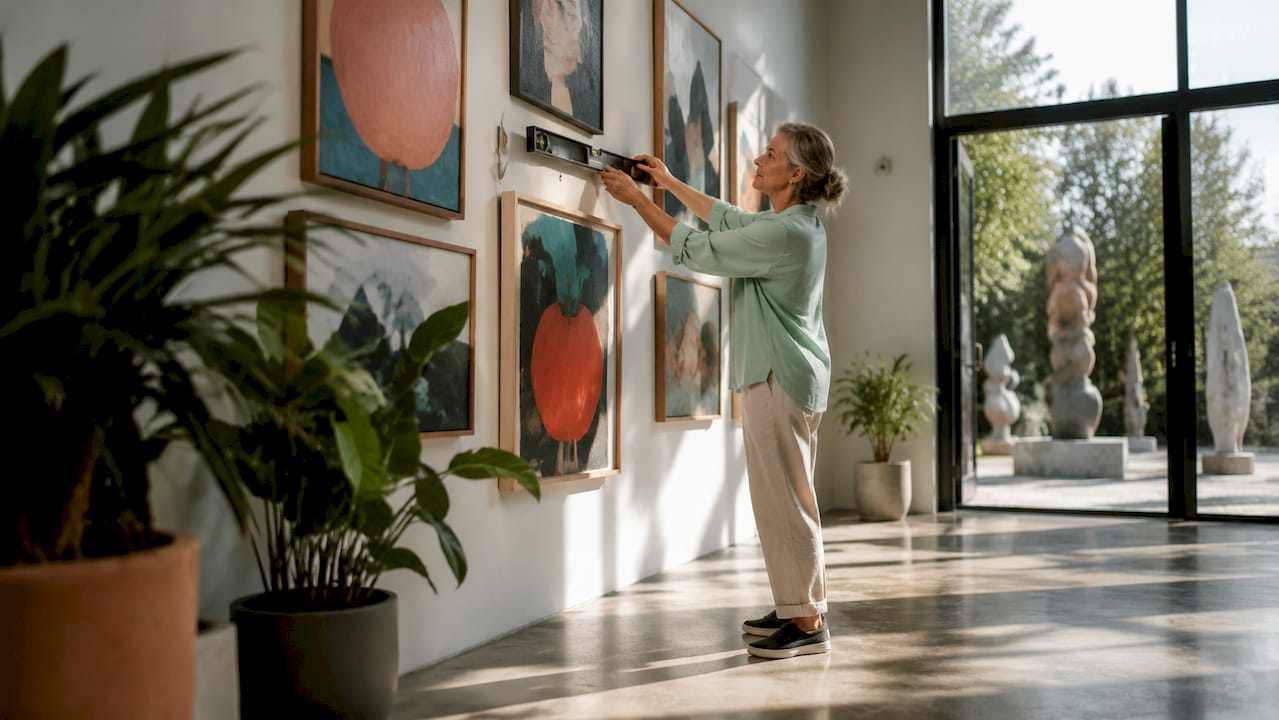 Curator arranging paintings in gallery room