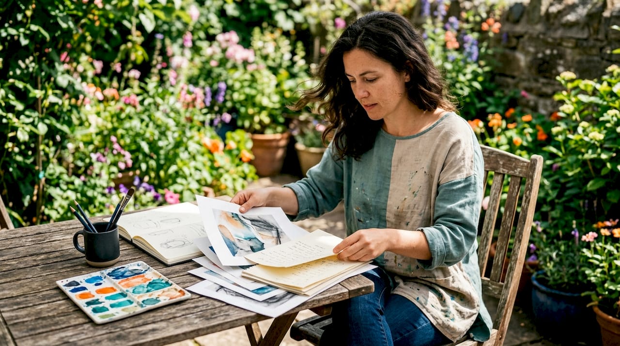Artist organizing art portfolio at home studio