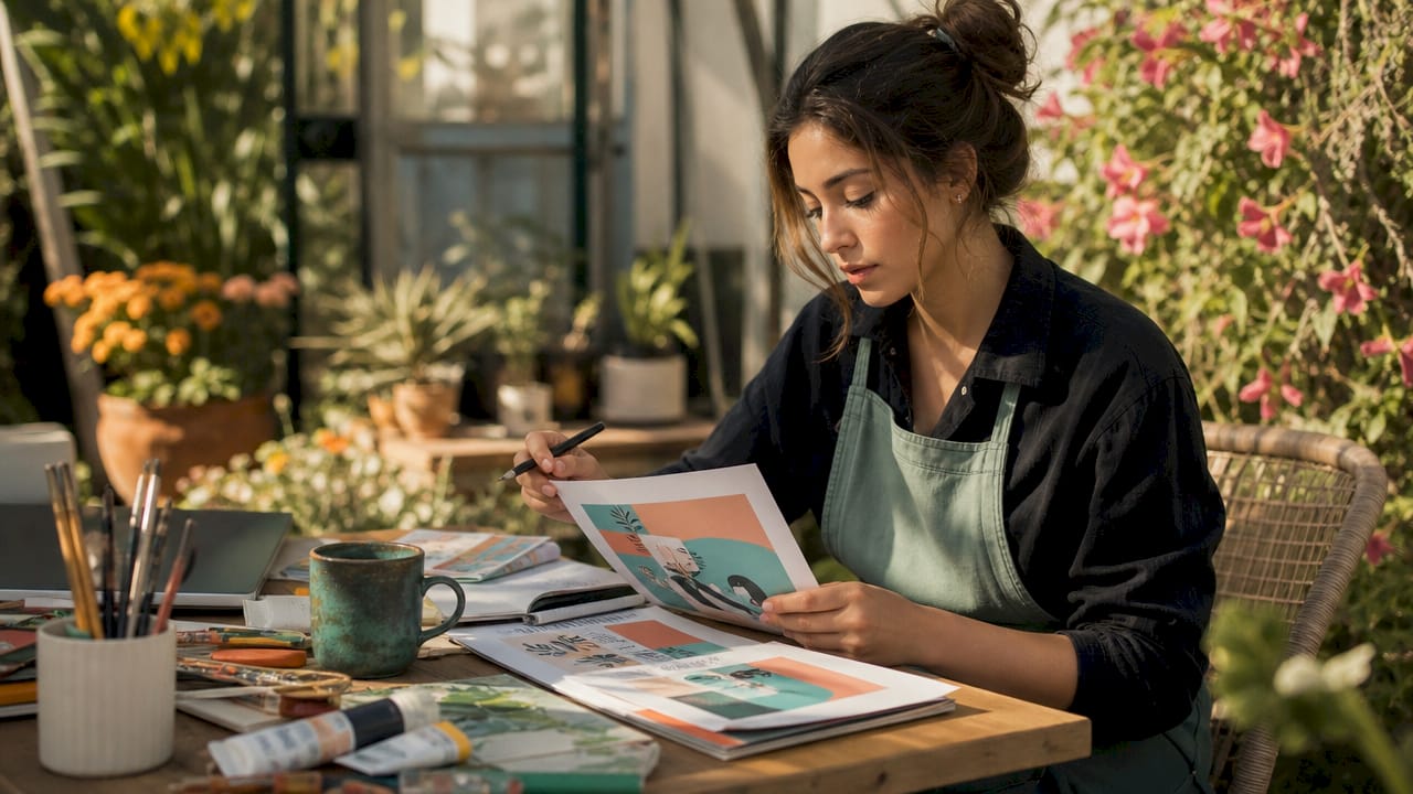 Emerging artist reviewing art business profile papers