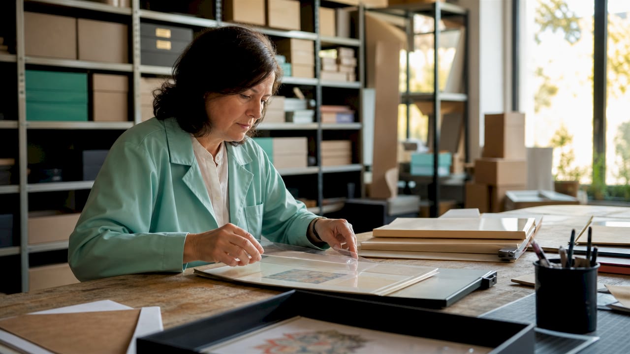 1782295349787_Museum-conservator-examining-artwork-storage-materials Museum conservator examining artwork storage materials