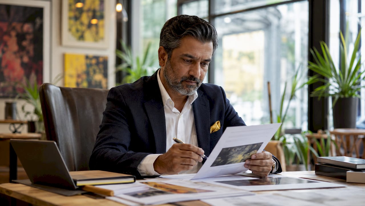 Investor reviewing art collection appraisal document