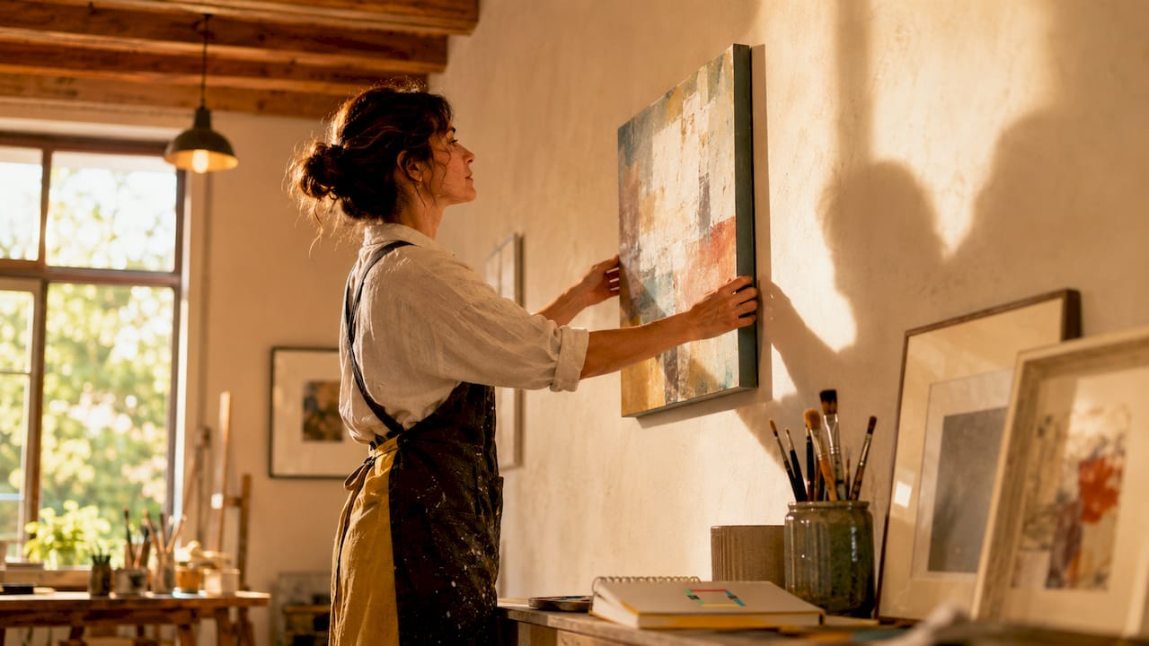 Curator adjusting painting in gallery