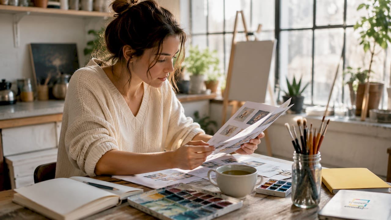Artist reviewing artwork listing sheets at home