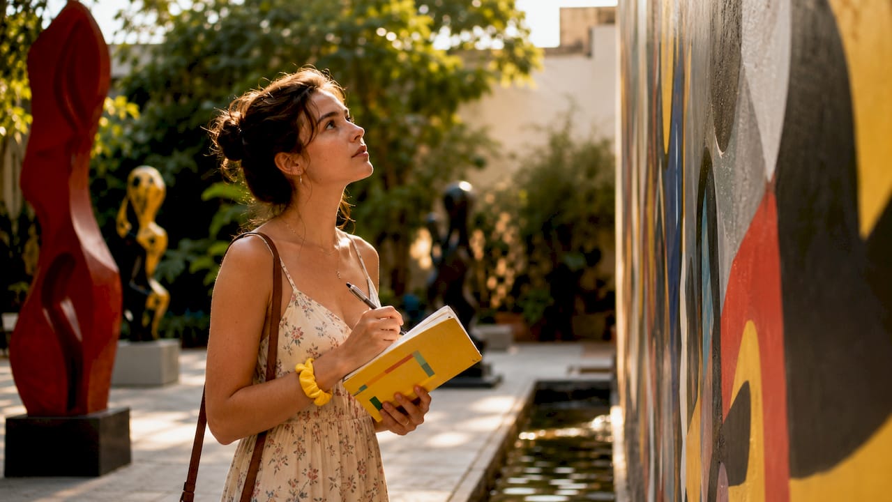 Woman thoughtfully viewing abstract painting in gallery