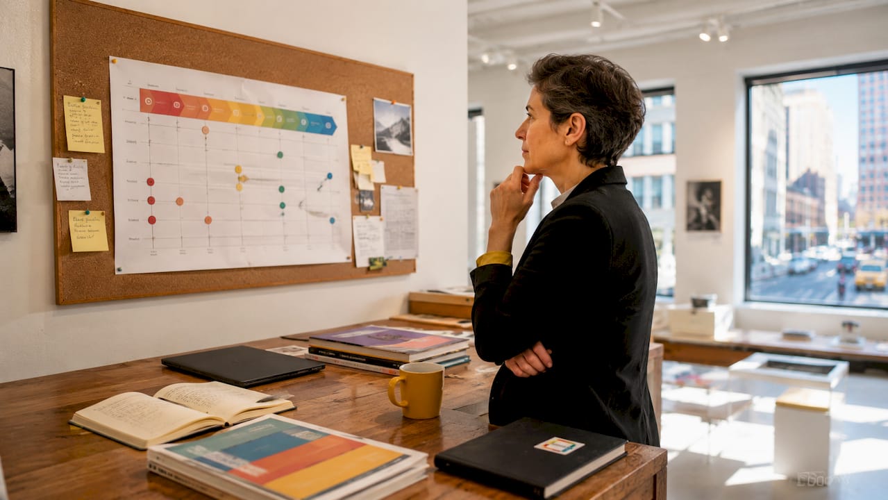 Gallery manager reviewing sales pipeline chart