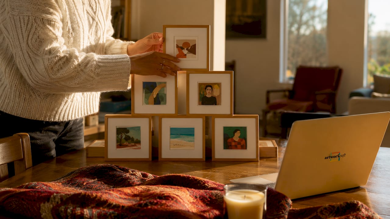 Hands arranging artworks in pyramid layout