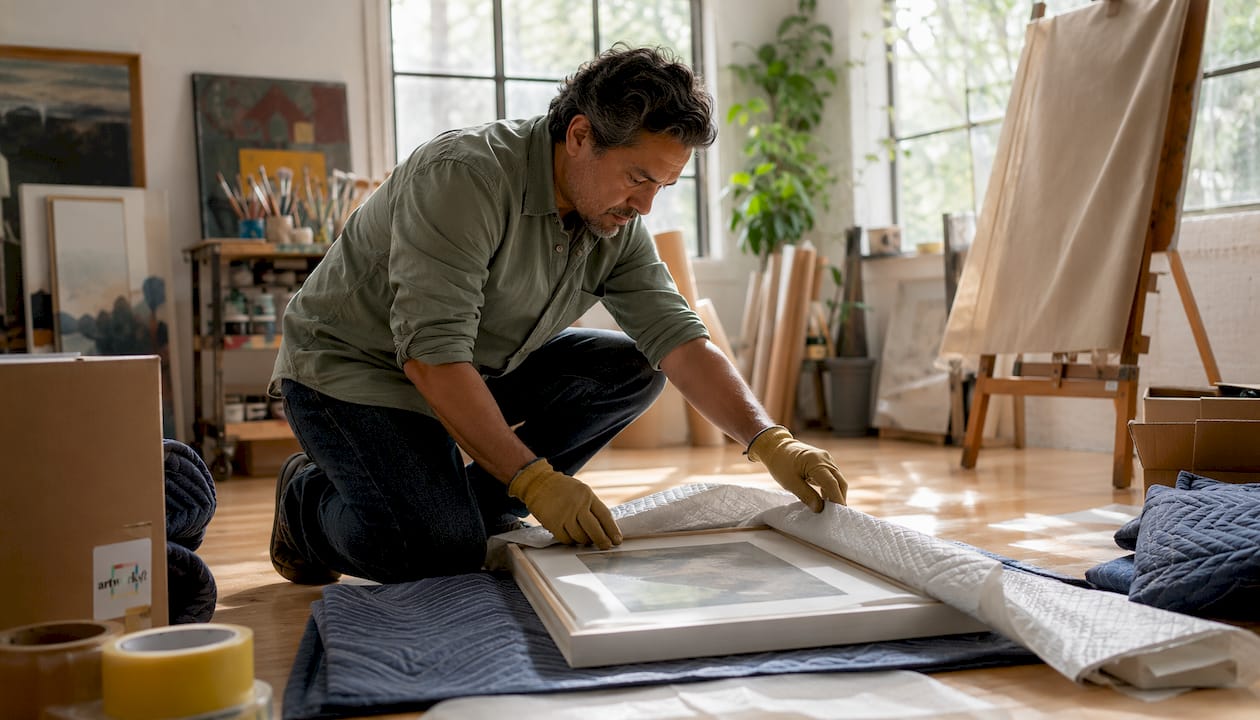 Professional packing framed artwork into crate