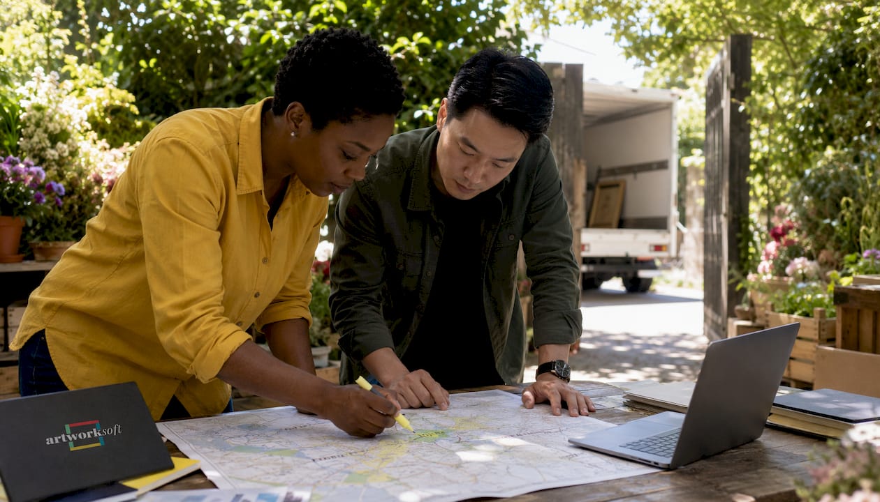 Two coordinators planning art transport logistics