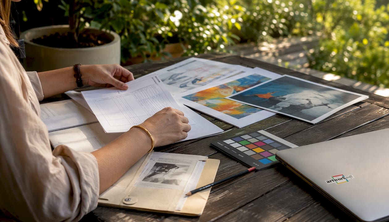 Artist arranging artwork documentation materials