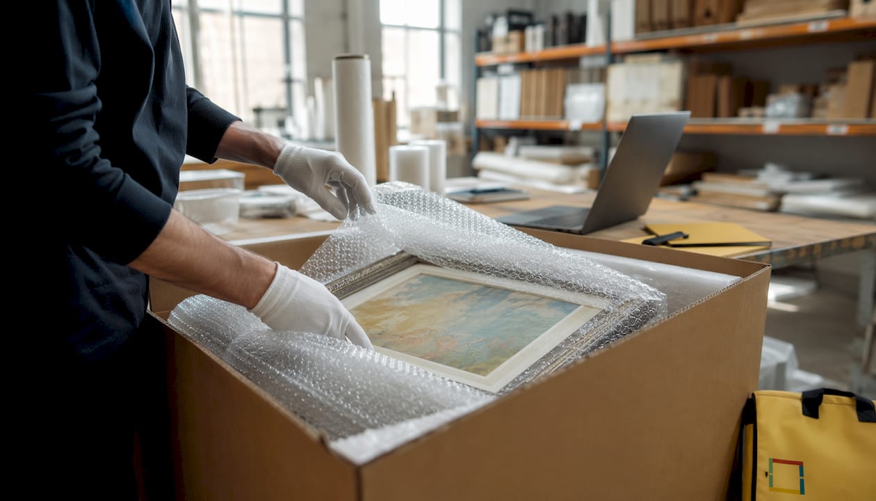Hands packing framed painting for safe transport