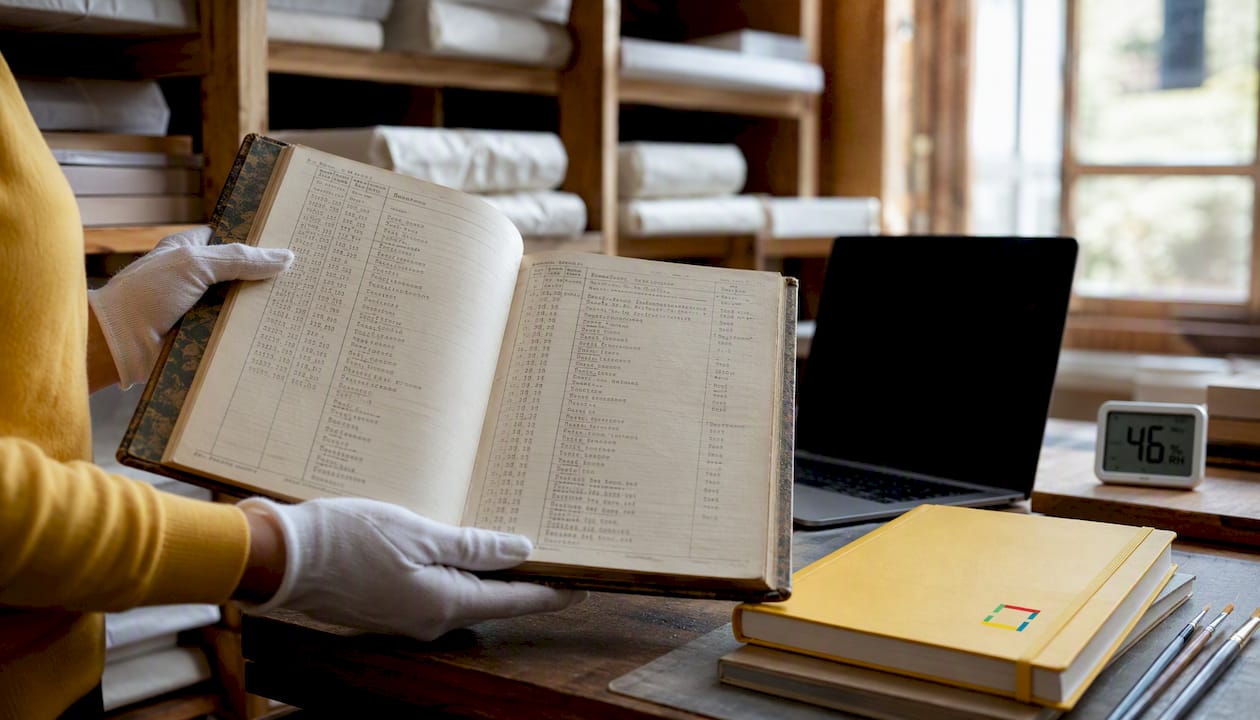 Archivist handling collections accession ledger