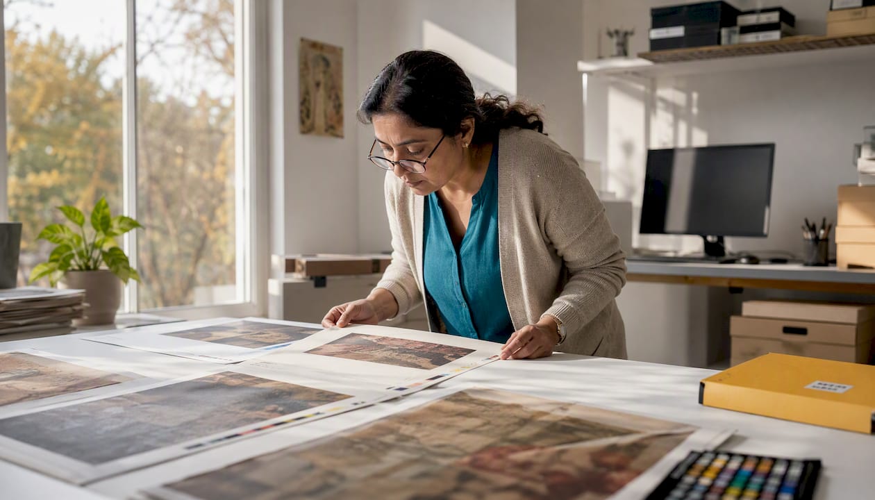 Conservator reviewing printed digital records in museum office