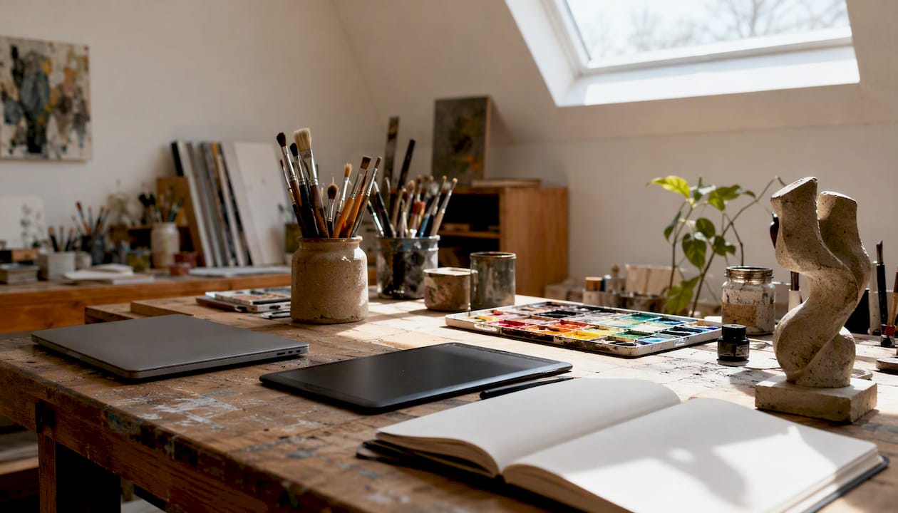 Workspace with closed laptop and digital tablet