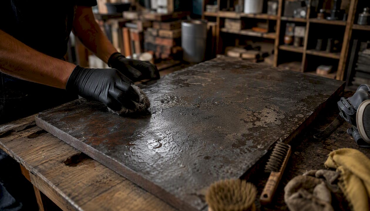 Gloved hands cleaning reclaimed metal safely