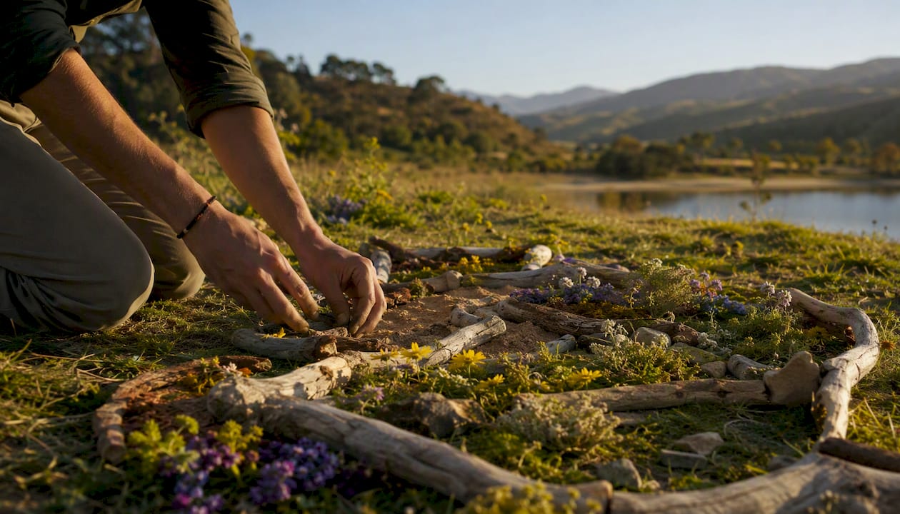 Hands arranging natural materials for land art outdoors