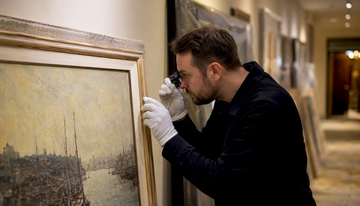 Art handler inspecting artwork condition details