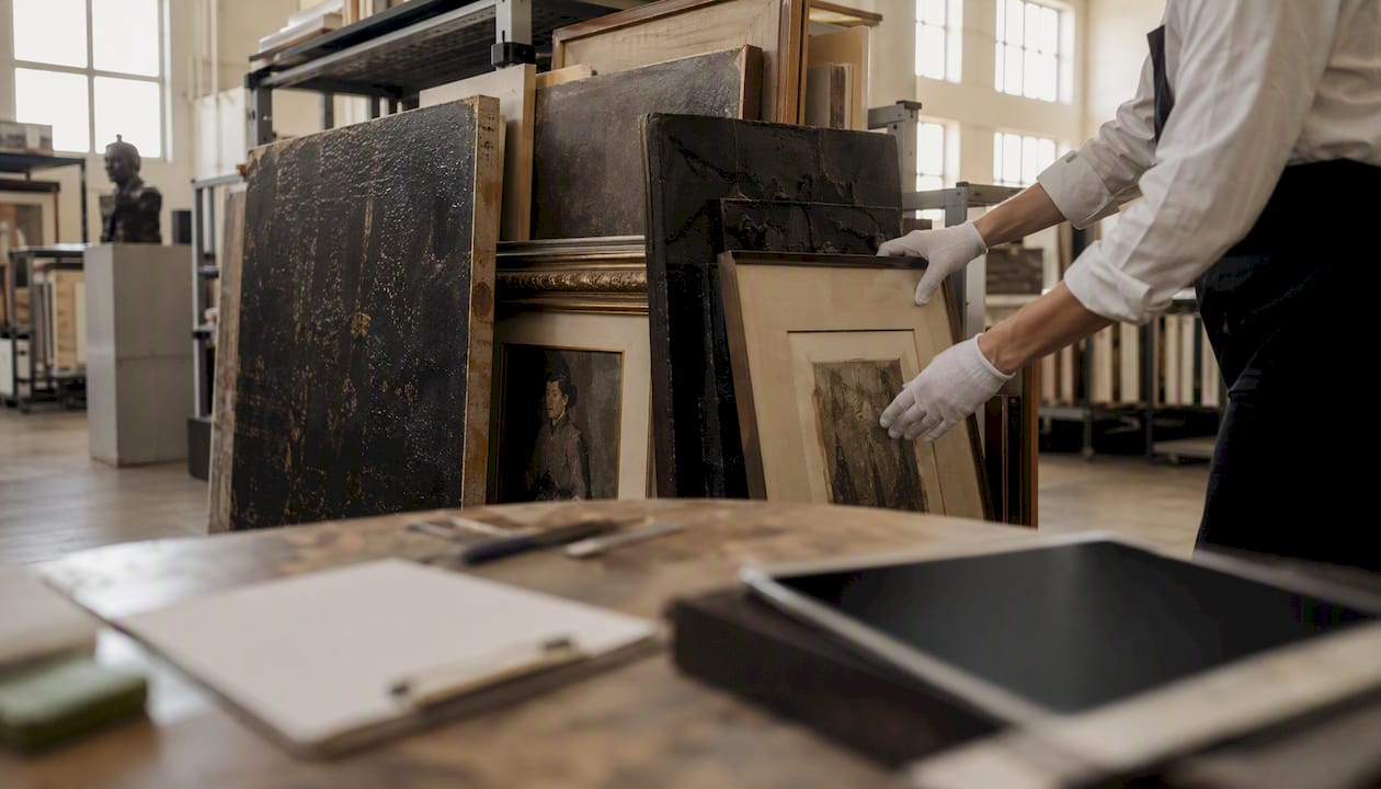 Hands arranging artwork in gallery storage