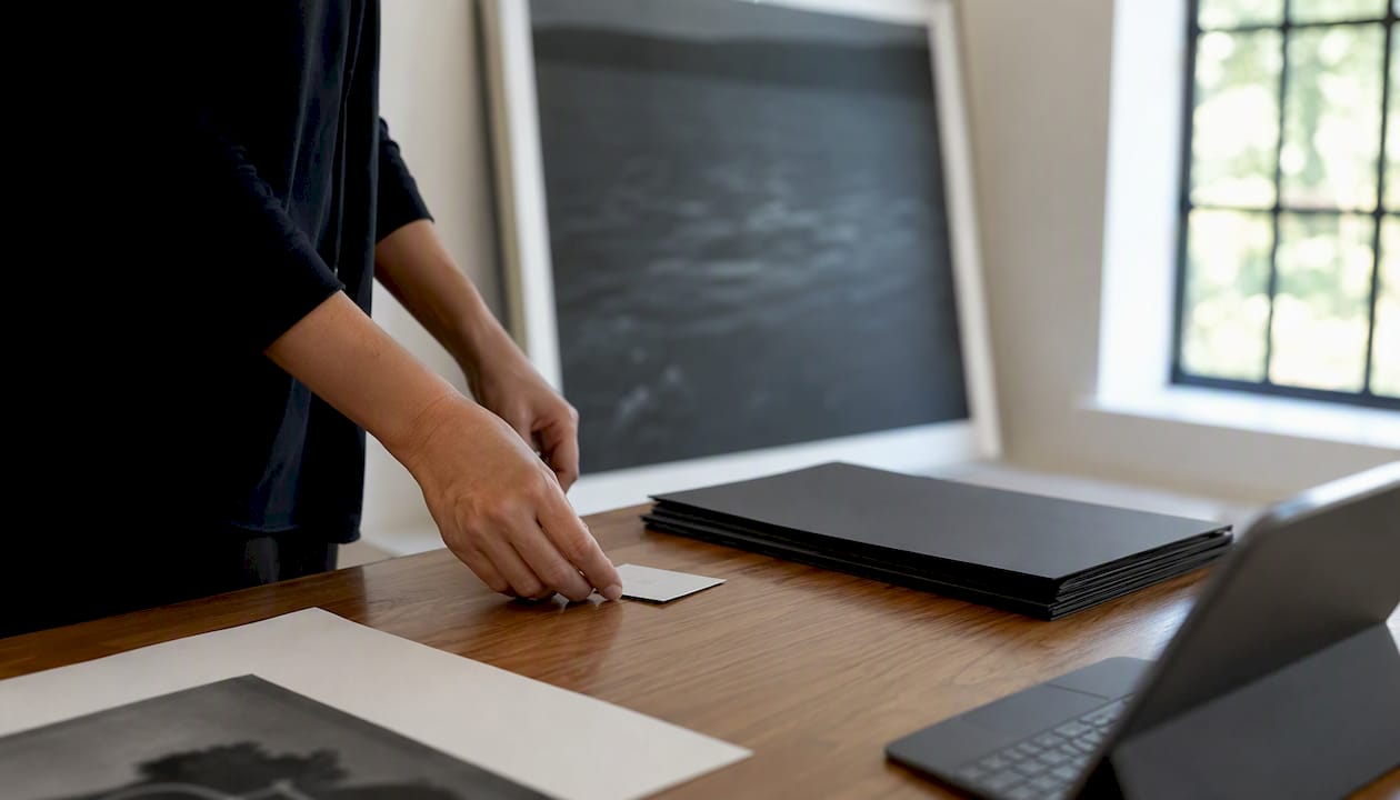Hand placing artwork label in gallery workspace