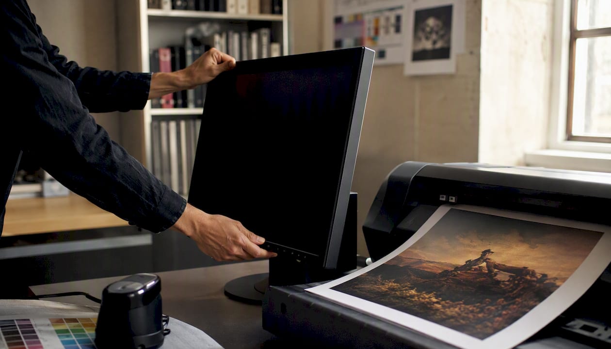 Hands handling archival art print and monitor