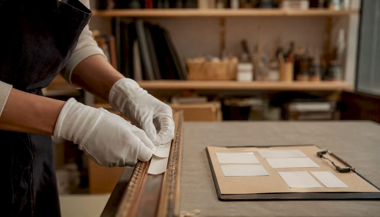 Hands placing archival provenance and metadata tags