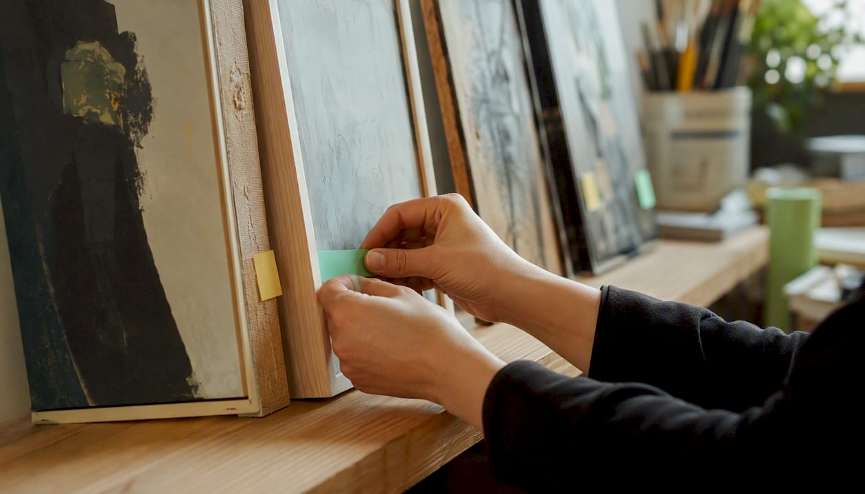 Hands applying metadata tags to artwork frames