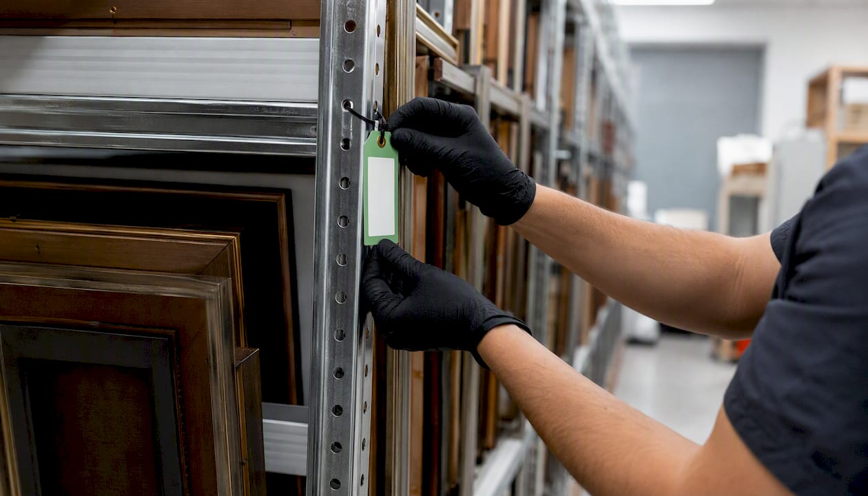 Gloved hand tagging artwork storage location