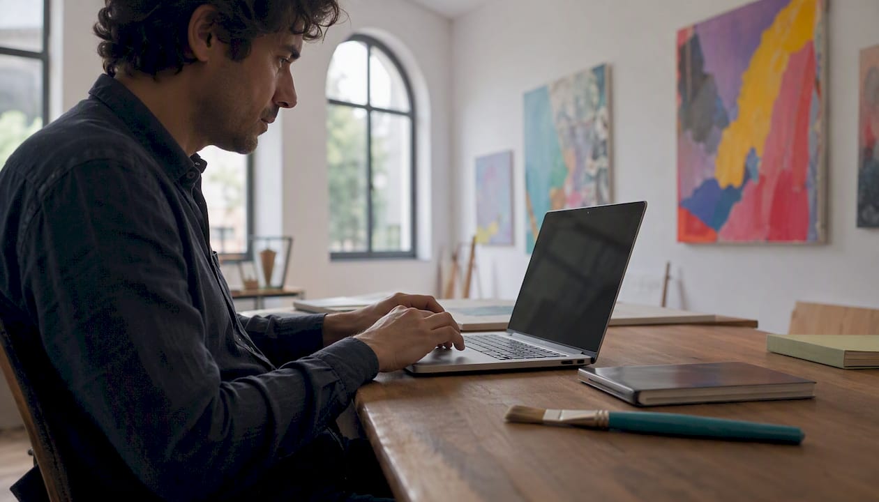 Hands typing at dark laptop in gallery office