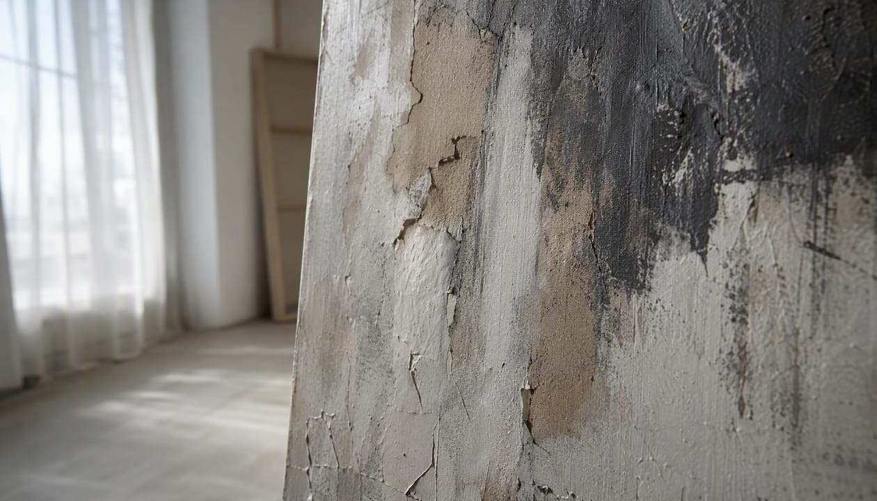 Close-up of artwork surface lit by raking light