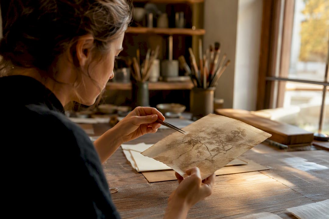 Apprentice examining fragile artwork under lamp