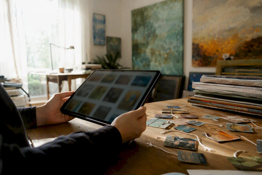 Hands holding tablet for art inventory management