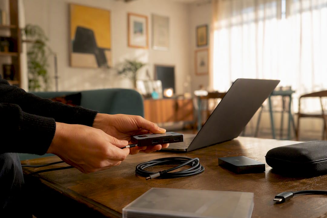 Hands plugging USB cable into hub