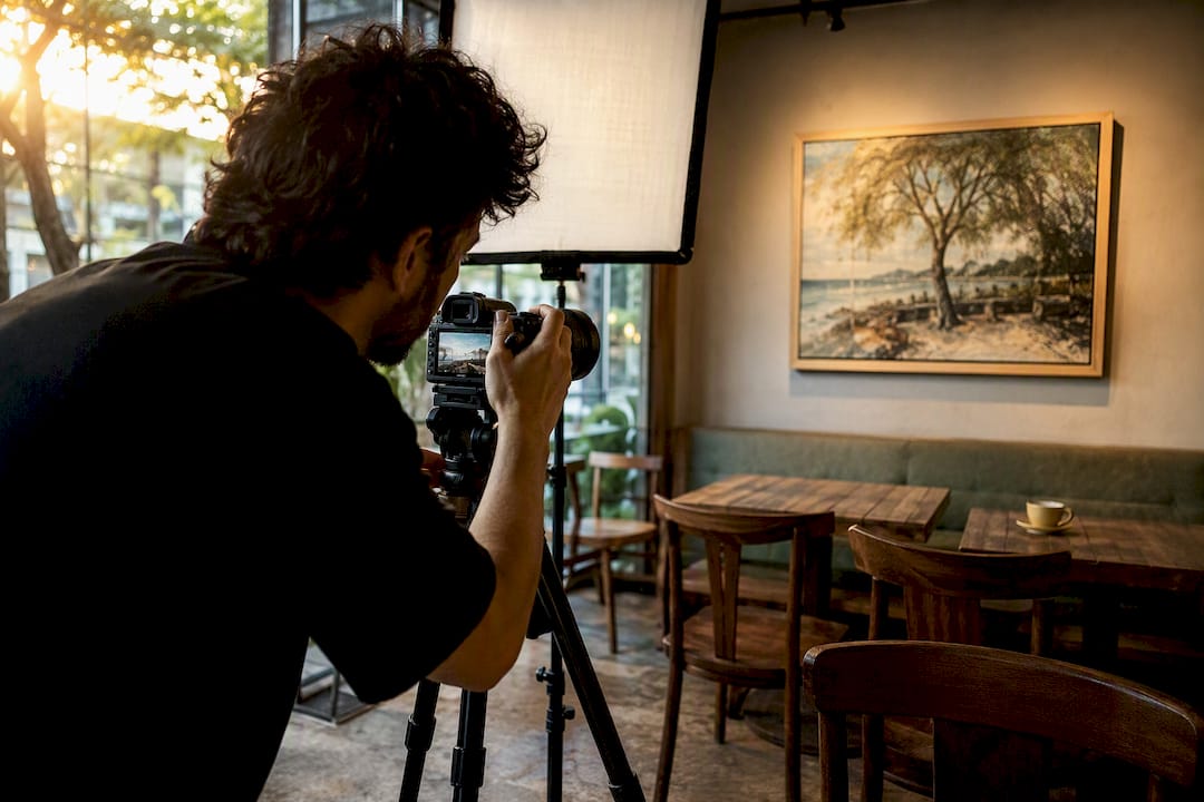 Photographer adjusting camera photographing painting