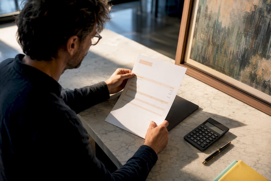 Artist reviewing invoice beside framed artwork
