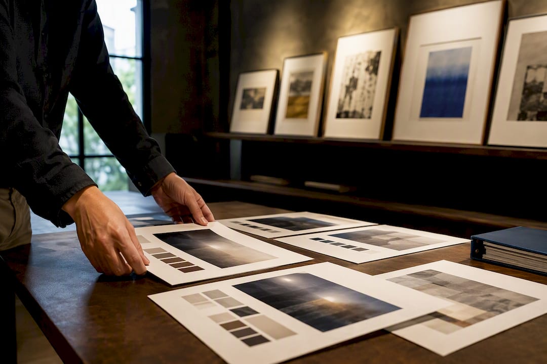 Printed gallery price lists beside framed artworks