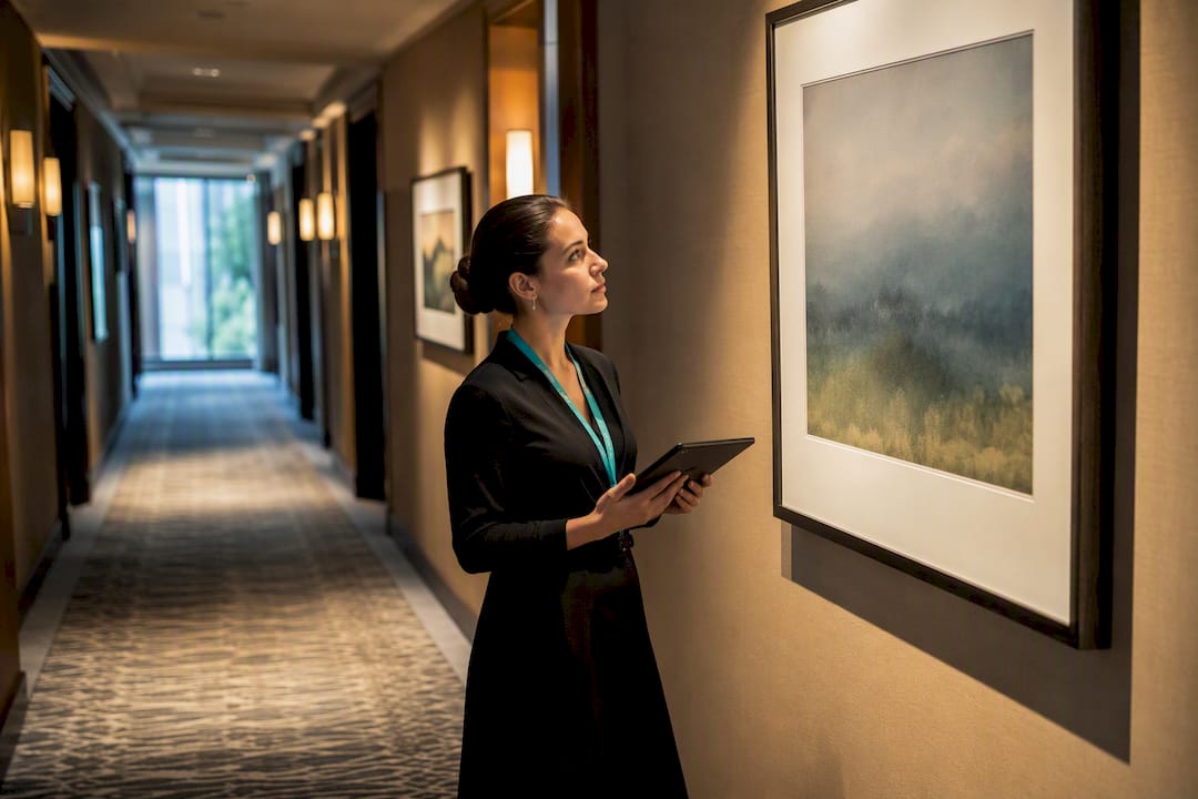 Coordinator auditing artwork in hotel corridor