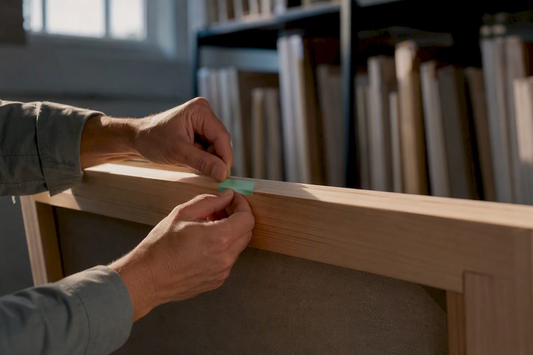 Artist attaching inventory label to artwork