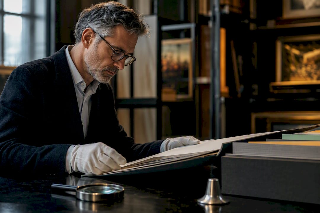 Curator reviewing comparable artwork sales records