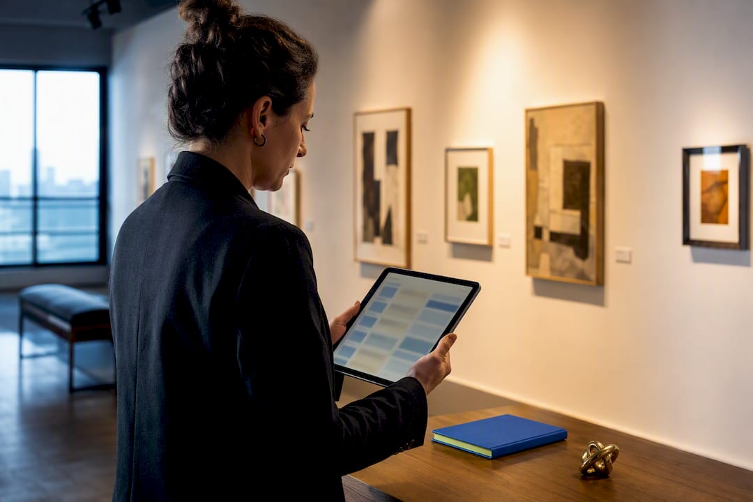 Gallery manager reviewing artwork software