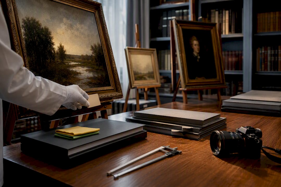 Organized artworks and collection records in library
