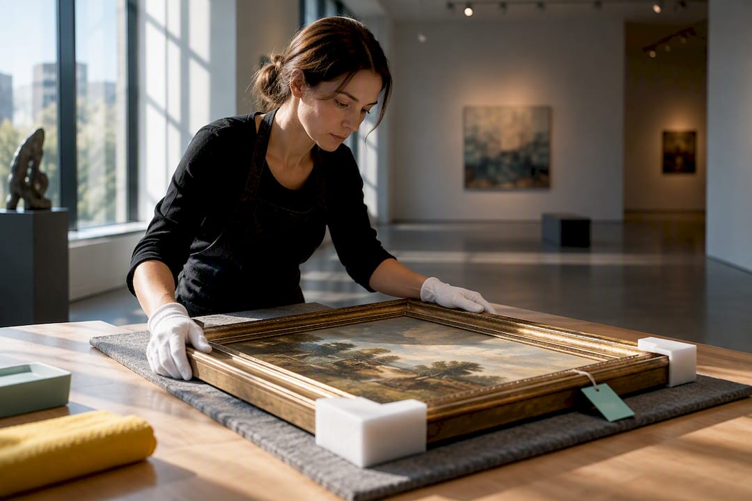 Gallery registrar inspecting artwork at intake
