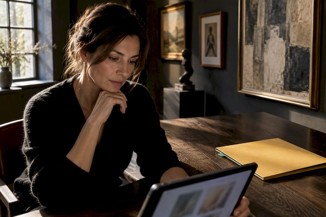 Collector selecting artworks for private catalog