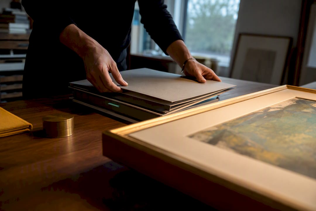 Art seller organizing tax records beside artwork