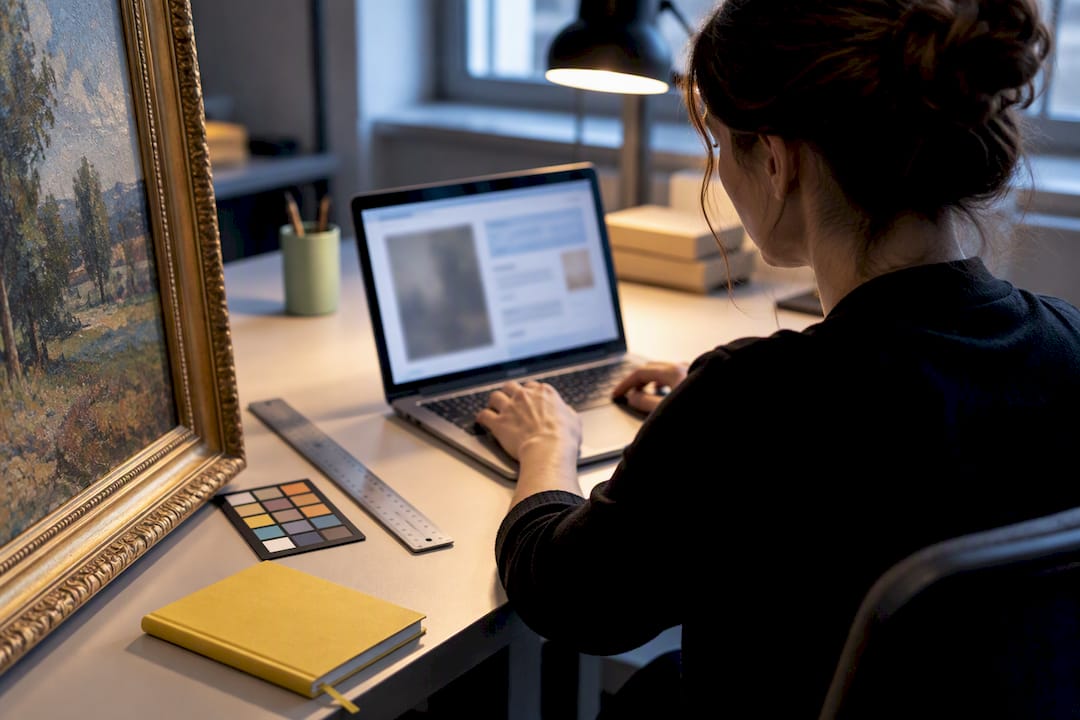 Registrar entering artwork metadata beside painting
