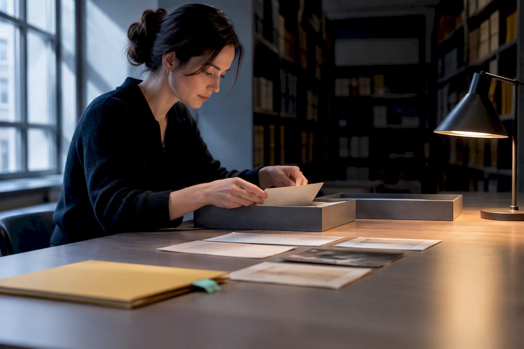 Researcher examining archival provenance records