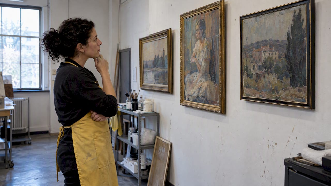 Appraiser comparing artworks for valuation