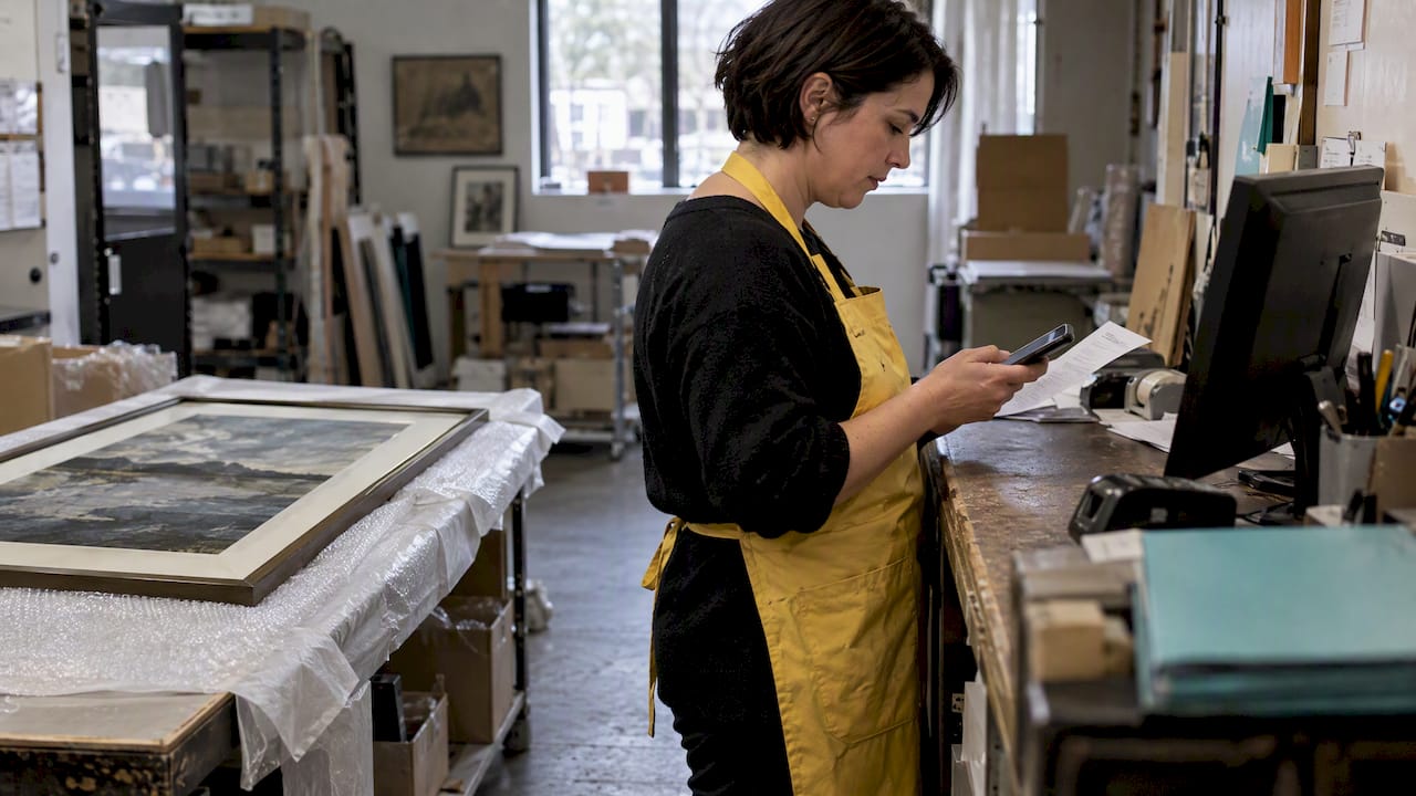 Gallery coordinator checking artwork sale payment