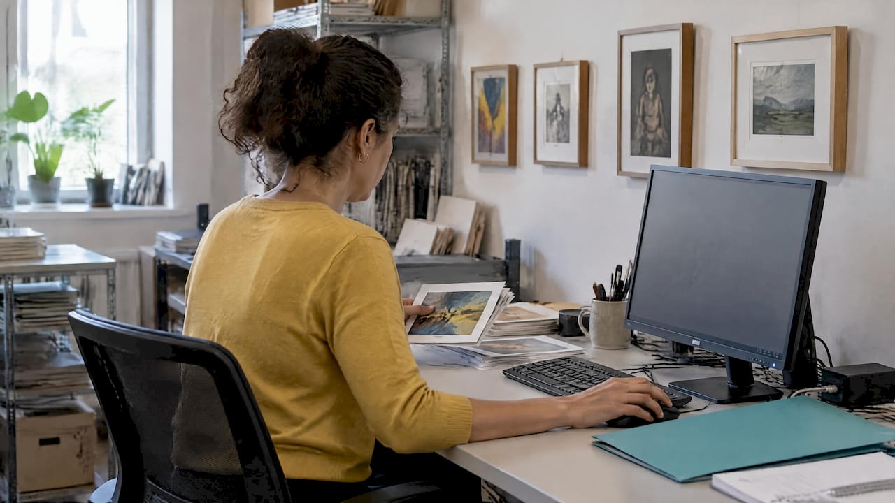 Registrar organizing digital artwork files