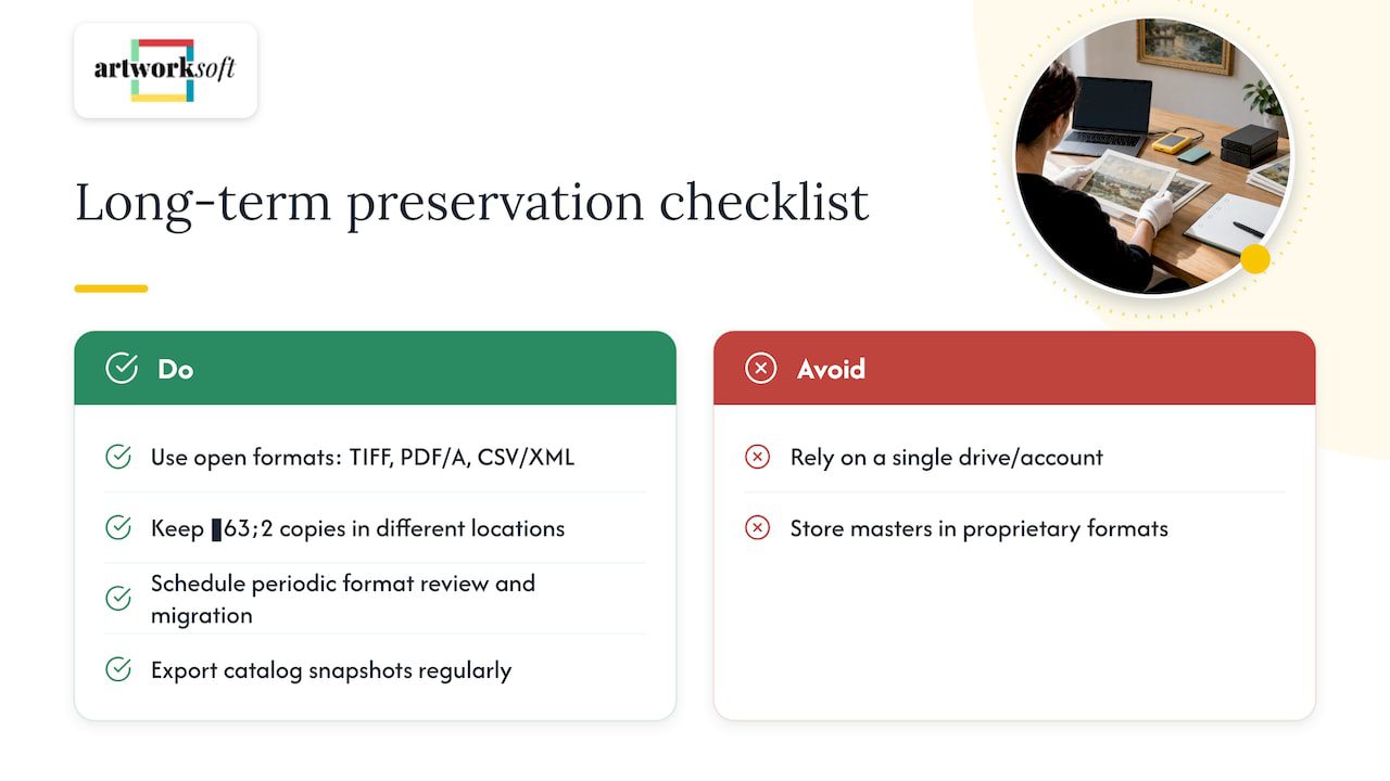 Best practices for long-term digital preservation including file format selection and storage media — overview diagram